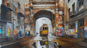 Fantasy buildings, trams and trains, often in trouble.