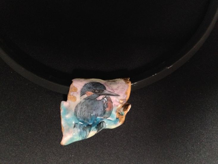 Halsketting porselein goudluster blauw-IJsvogel