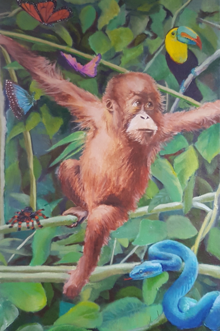 Orang oetang voor LoekBaby orang oetang in de jungle omgeven door kleurrige diertjes