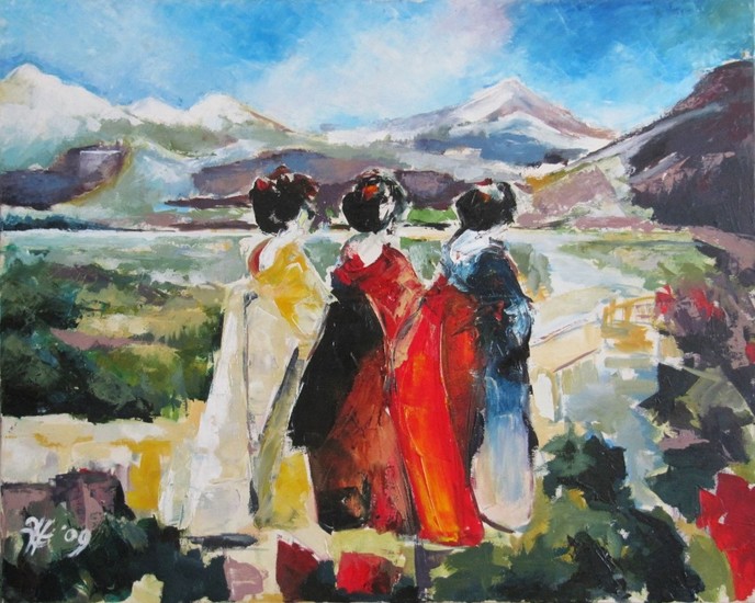 3 Geisha's in berglandschap