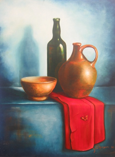 Stilleven met bruine kruik