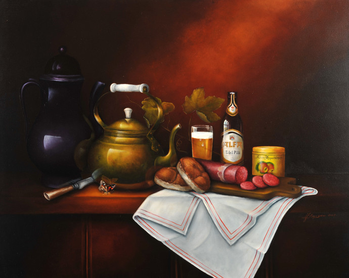 Stilleven met Alfa bier en worst