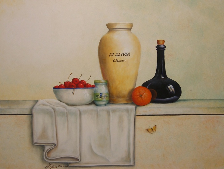 Stilleven met kersen en kappertjes