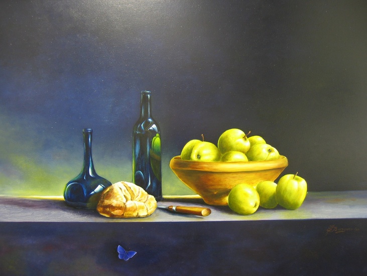 Stilleven met appels en brood