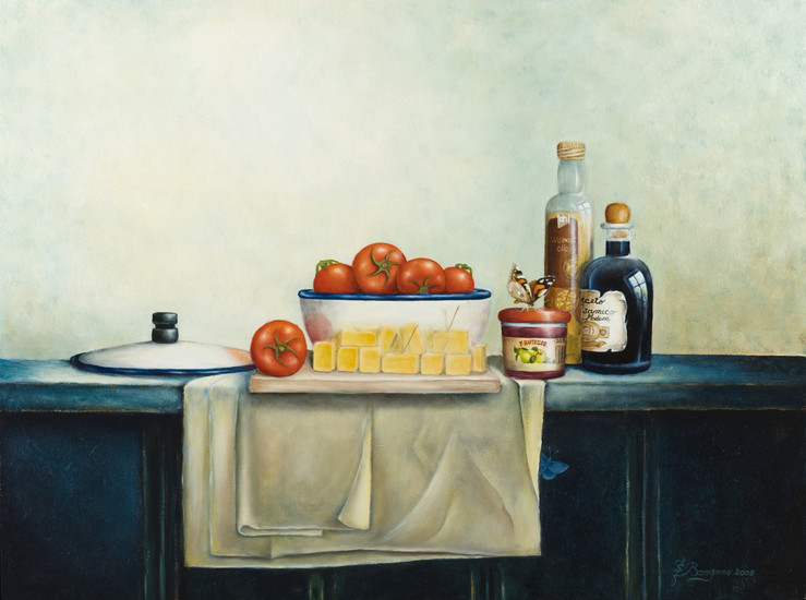 Stilleven met kaas en tomaten