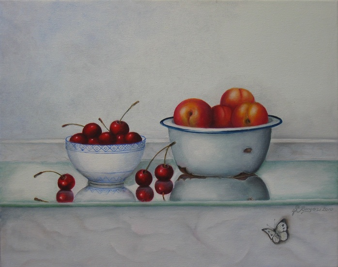 Stilleven met kersen en perziken