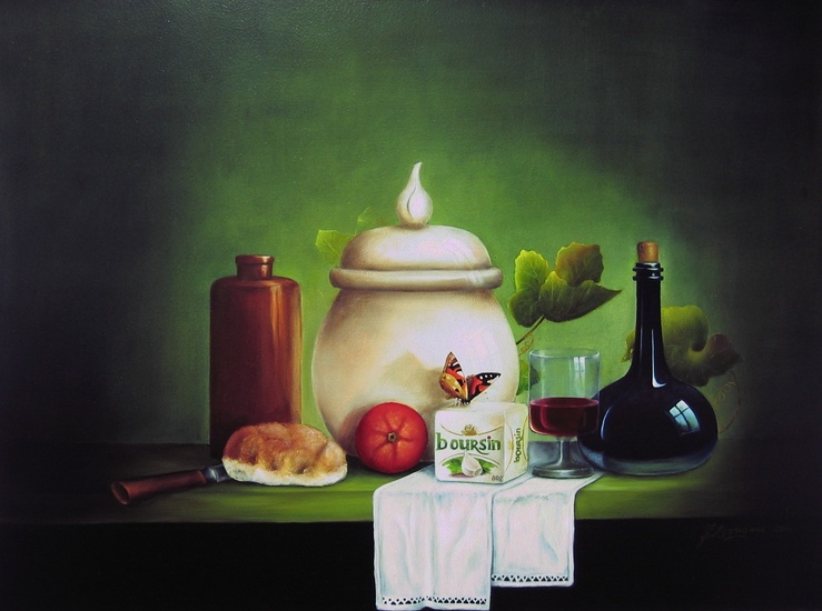 Stilleven met wijn en brood