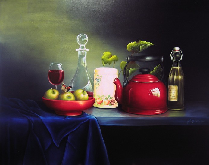 Stilleven met fluitketel en appels