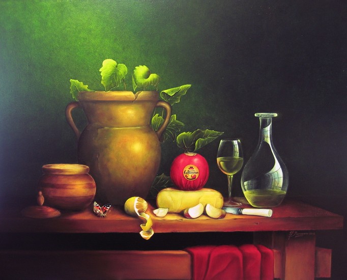 Stilleven met wijn en edammerkaas