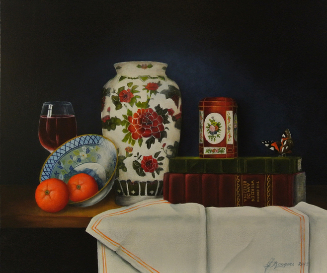 Stilleven met rode theebusje