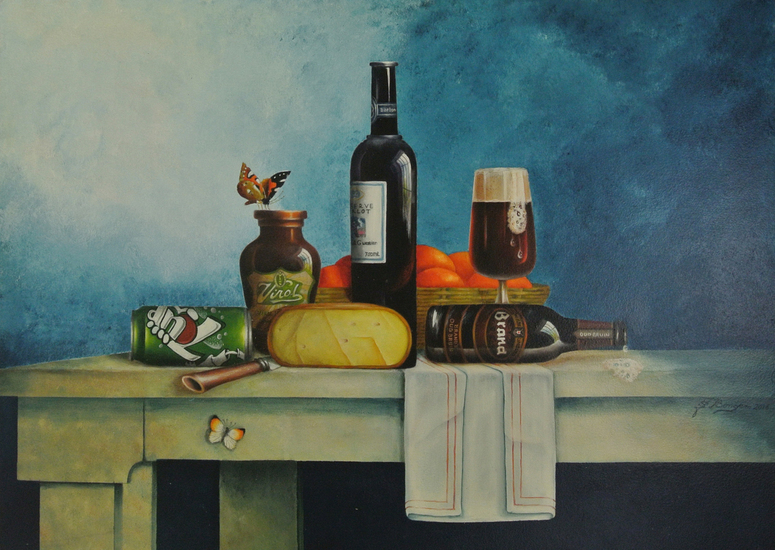 Stilleven met Brand bier en kaas