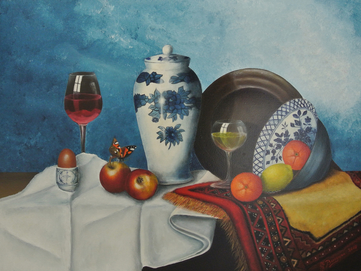 Stilleven met appels en wijn