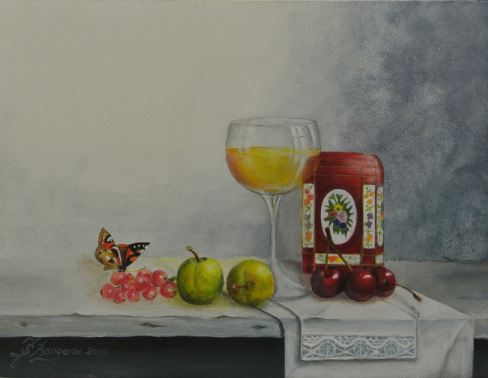 stilleven :met theebusje en wijn