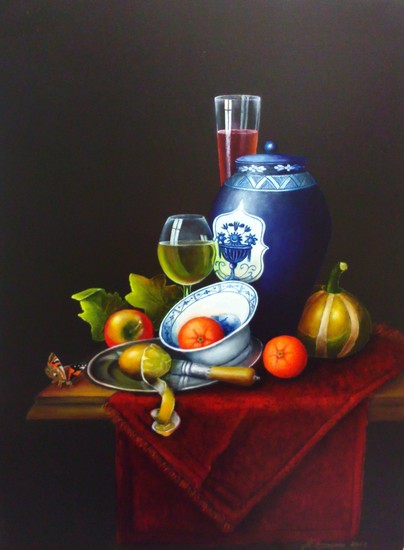 Stilleven met blauwe vaas en meloen