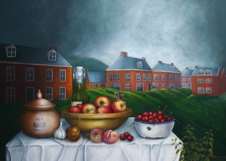 Stilleven met appels en kersen