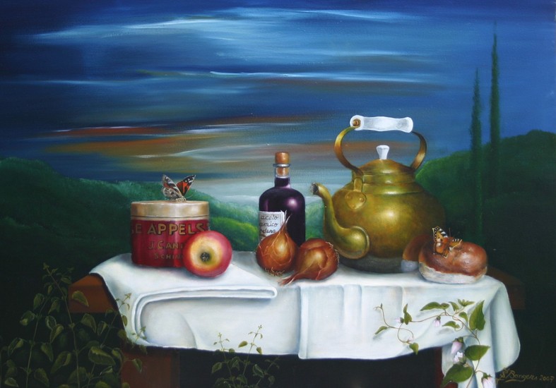 Stilleven met stroop en uien