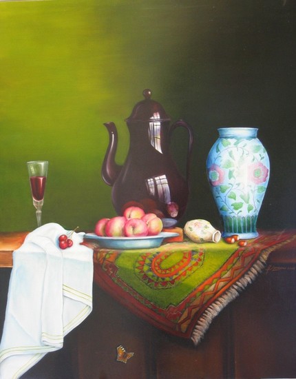 Stilleven met persje en perziken