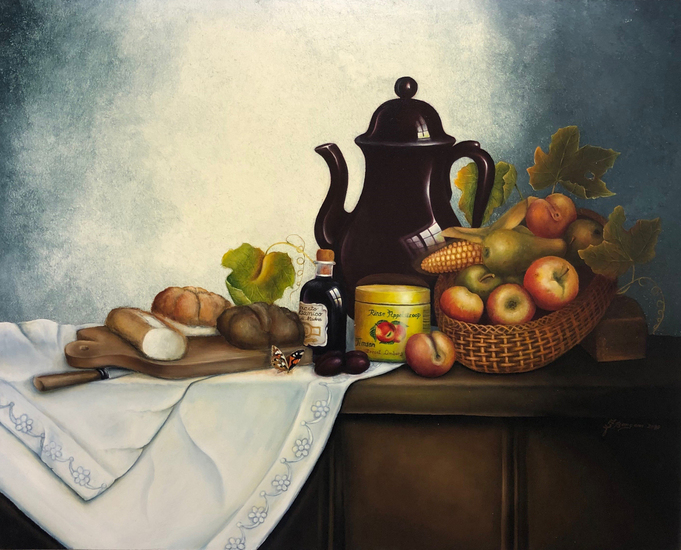 Still live : with bread and  fruit