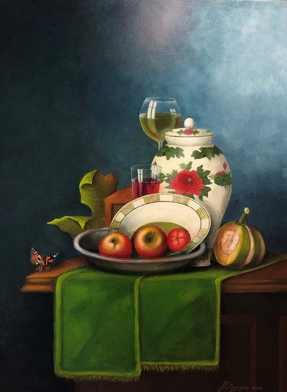 Still live : with flower vase and appels