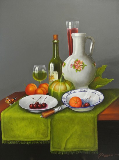 Stilleven met witte vaas en kersen