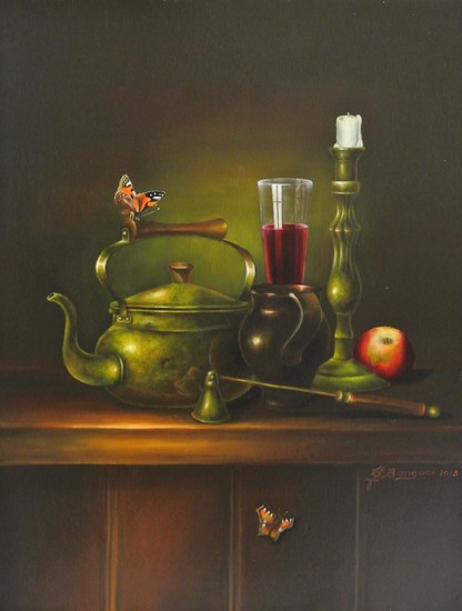 Stilleven met koperenketel en wijn