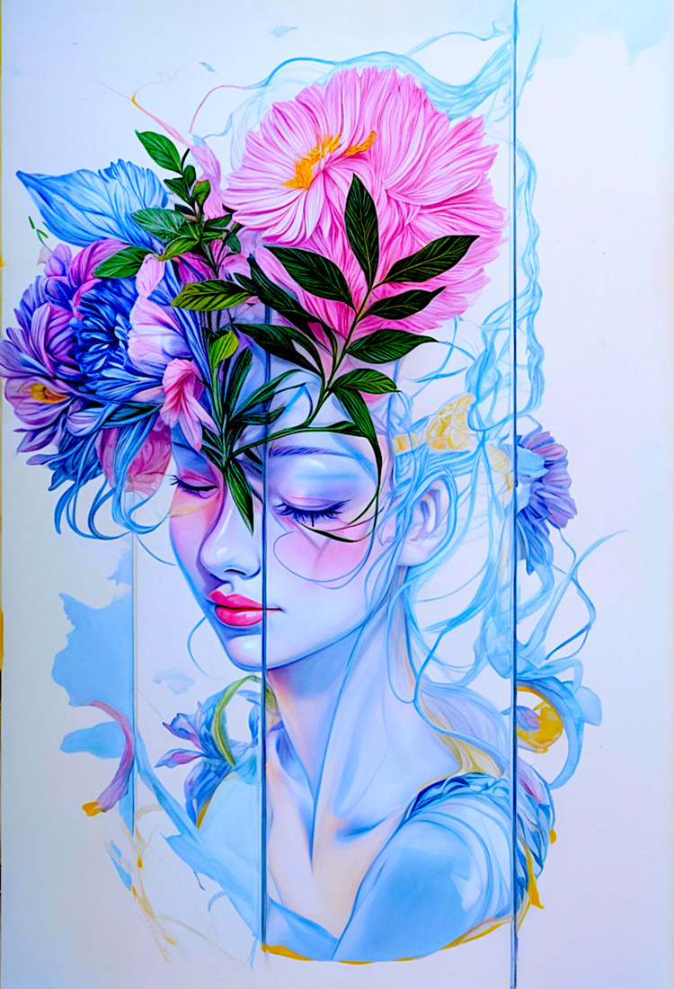 anime woman face/ flowers