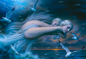 intertwined dramatic classic art seaside diadem of seagulls