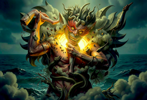 a hovering shapeless void consuming light, depiction of vivid scattered body fragments intertwined in dominant shades of ash and gold, surrealistic fusion of organic remains in dramatic silence, in the pasture of the lord