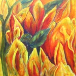 Bloemen en bladeren in rood en blauw geabstraheerd.