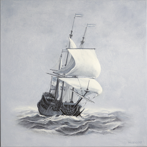 Decoratieve zeegezichten, naar schilderijen van de 17e eeuwse schilder Willem van de Velde de Jonge. Monochrome schilderijen (in één kleur) met alleen de schepen, zonder achtergrondelementen. 