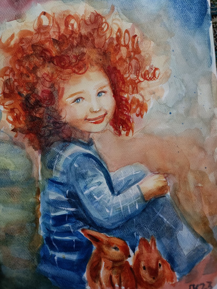 Roodharig meisje met haasjes in herfstbos