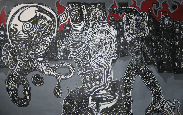 Compositie in zwart, wit en rood.