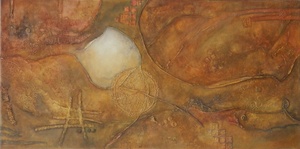 Periode 2 Allerlei materialen op doek samengevoegd en daarna geschilderd.