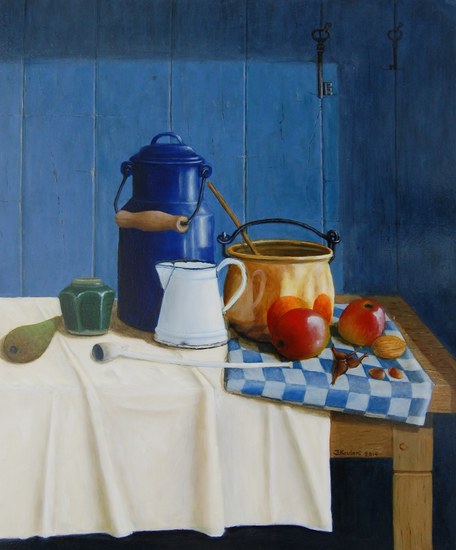 Blauwe kan met messing pot