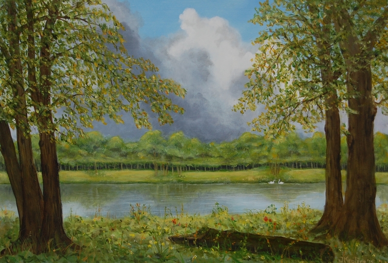 zwanen tussen de bomen