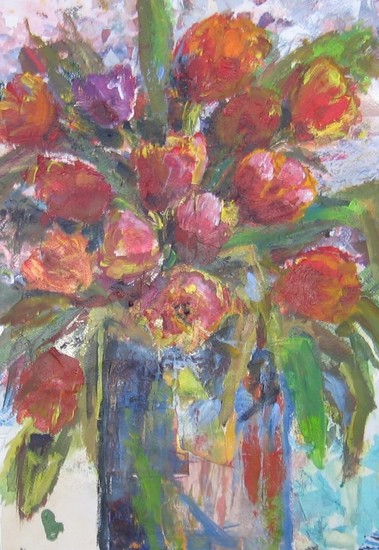 TULIPS IN A BLUE VASE