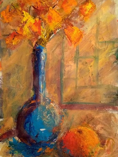 Blue vase, flowers and fruit