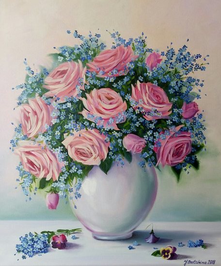 Stilleven met roze rozen