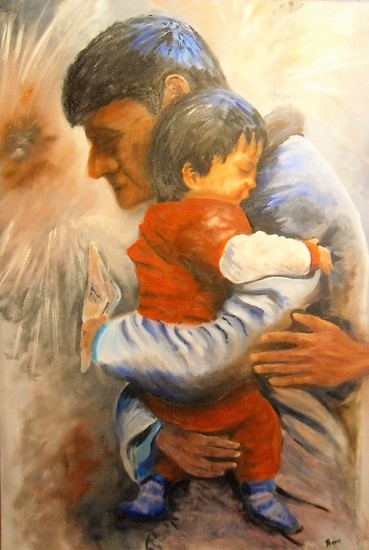 man met kind op de vlucht