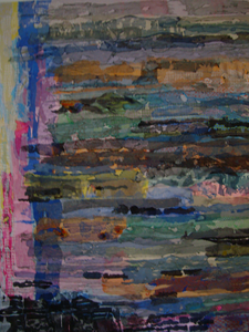 Textiel verhit en vele lagen stof over elkaar heen, dat je net nog een kleurtje of stukje stof ziet van de onderlaag.