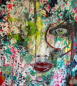 Mijn werk kenmerkt zicht door grote doeken canvas en het gebruik van veel frisse en felle kleuren. Moderne abstracte en figuratieve schilderijen. Schilderij Amber Houweling, kunst, fantasy, groen, natuur, vrouw, jong, oog, rood, lips, bloesem, bloemen, gezicht, vrouw, mooi, dierenprint, panter, graffiti