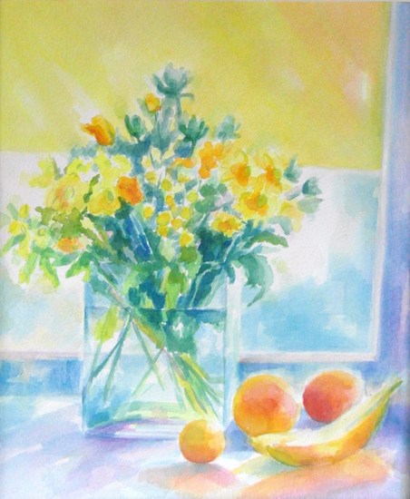 Gele bloemen in accubak