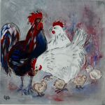 Leuke opdracht om 15 schilderijen met kippen te maken voor een bungalowpark. Alle 15 verschillend en in baklijst.