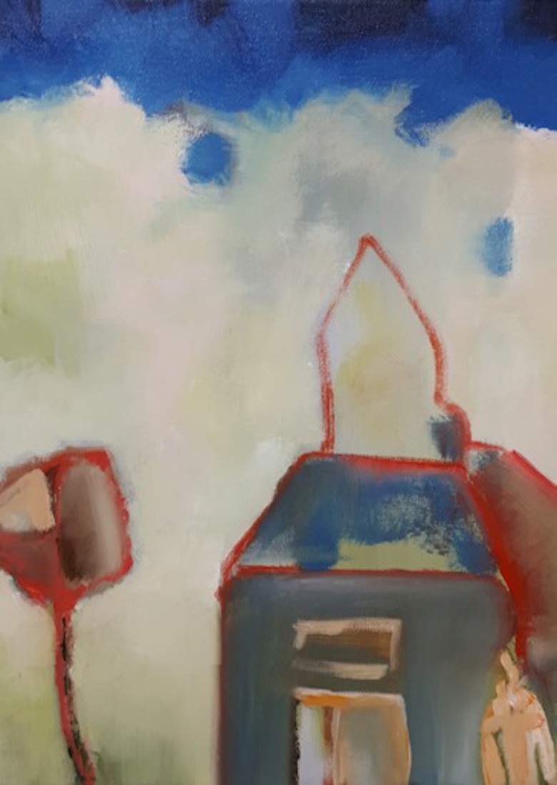 Een boom, een huis en een toren