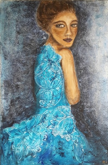 Vrouw in blauwe jurk