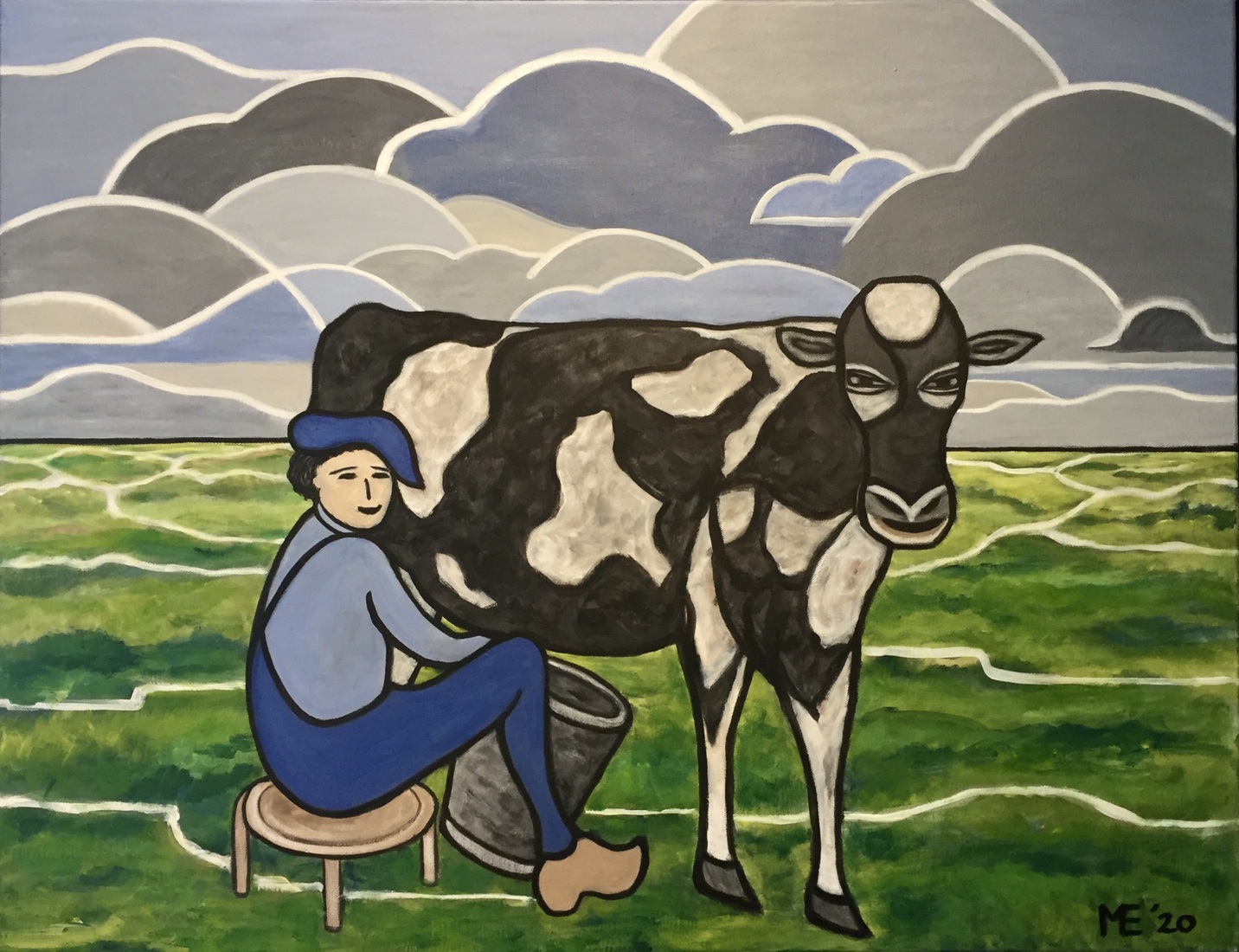 Boer en koe op het land