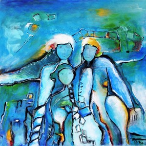 Menselijke figuren acryl surreeel blauw