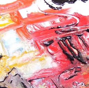 Deze kleine 9 x 9 cm schilderijen zijn meestal in Acryl of Olieverf geschilderd met soms als toevoeging Mixed Media. Ze zitten in een VASTE breede zwarte lijst van 25 x 25 cm. Het zijn voorstudies voor grotere schilderijen.