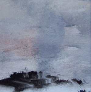 Deze kleine schilderijen van 12 x 12 cm zitten in een wit passepartout met witte lijst achter glas en hebben dan een afmeting van 25 x 25 cm. Het zijn voorstudies voor groter werk.