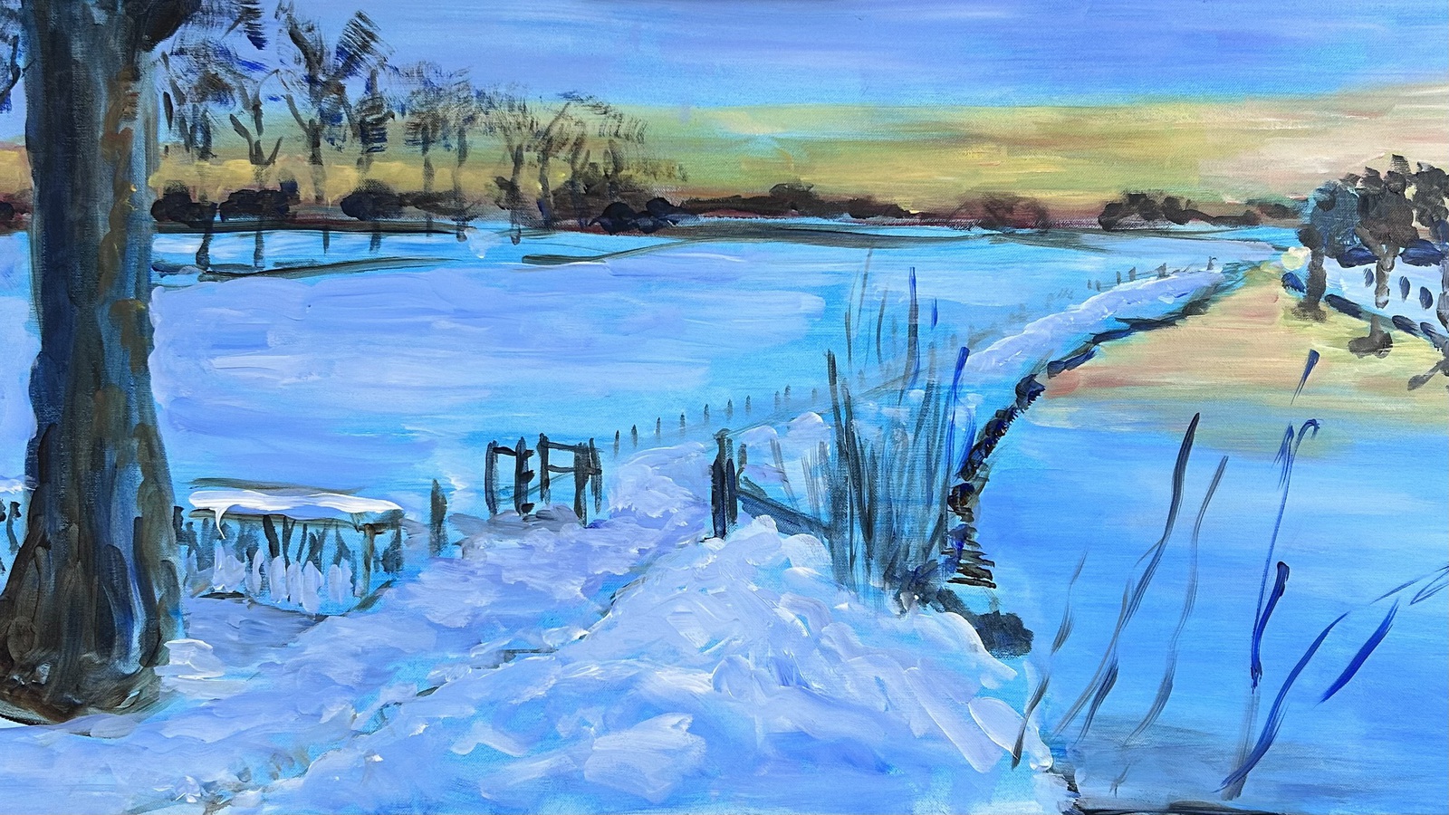 Sneeuw en avondrood langs Krommerijn